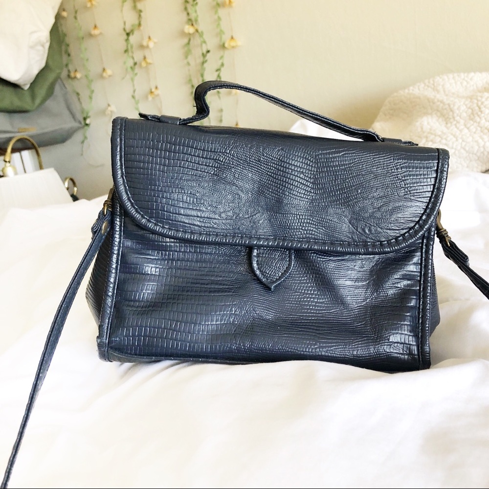 vintage faux croc skin top handle crossbody bag